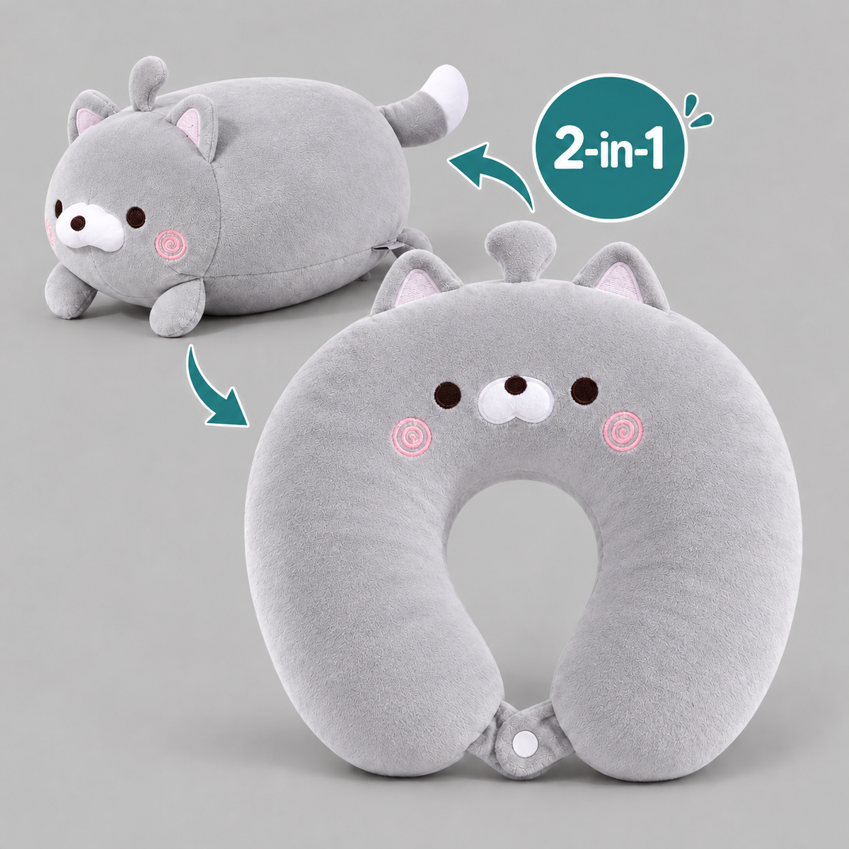 Plush U Shaped Travel Pillow for Head and Neck Support - Gray Cat L 2-in-1 product image