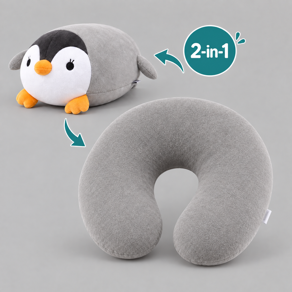 Plush U Shaped Travel Pillow for Head and Neck Support - Gray Penguin L 2-in-1 product image