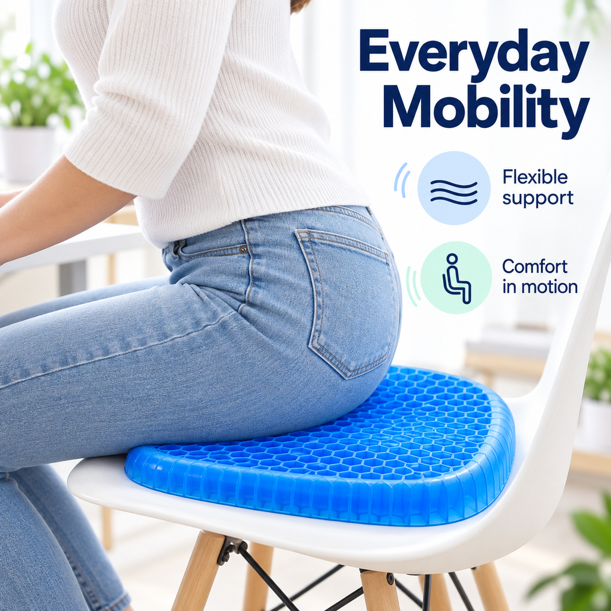 Blue honeycomb gel seat cushion supporting everyday seated comfort and mobility