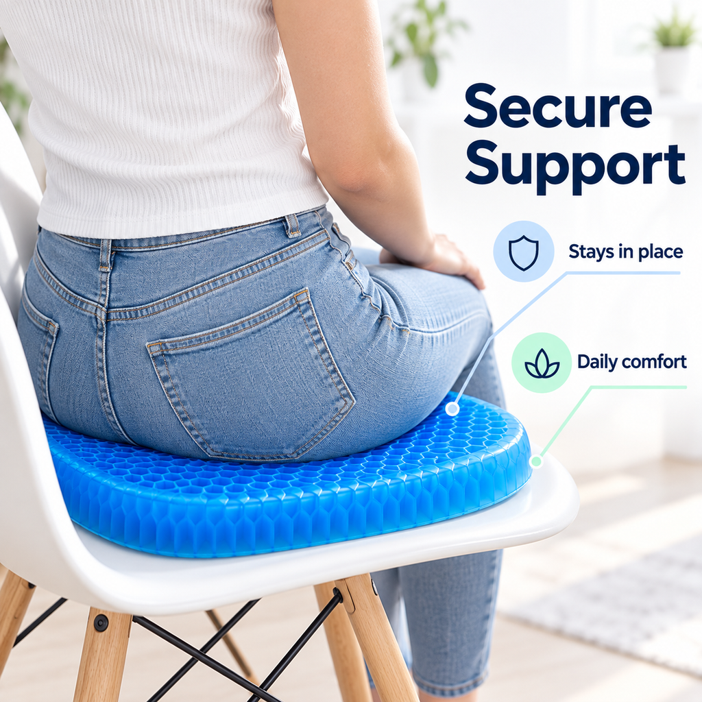 Blue honeycomb gel seat cushion on chair showing secure daily sitting support