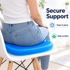 Blue honeycomb gel seat cushion on chair showing secure daily sitting support