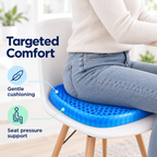 Blue honeycomb gel seat cushion used on a chair for gentle cushioning and pressure support