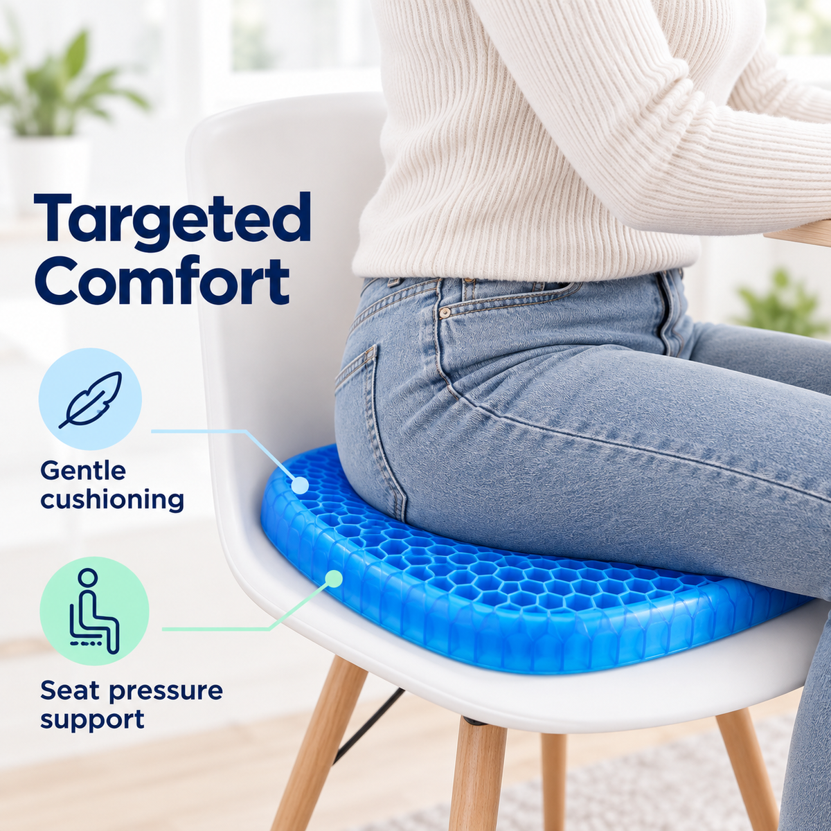 Blue honeycomb gel seat cushion used on a chair for gentle cushioning and pressure support