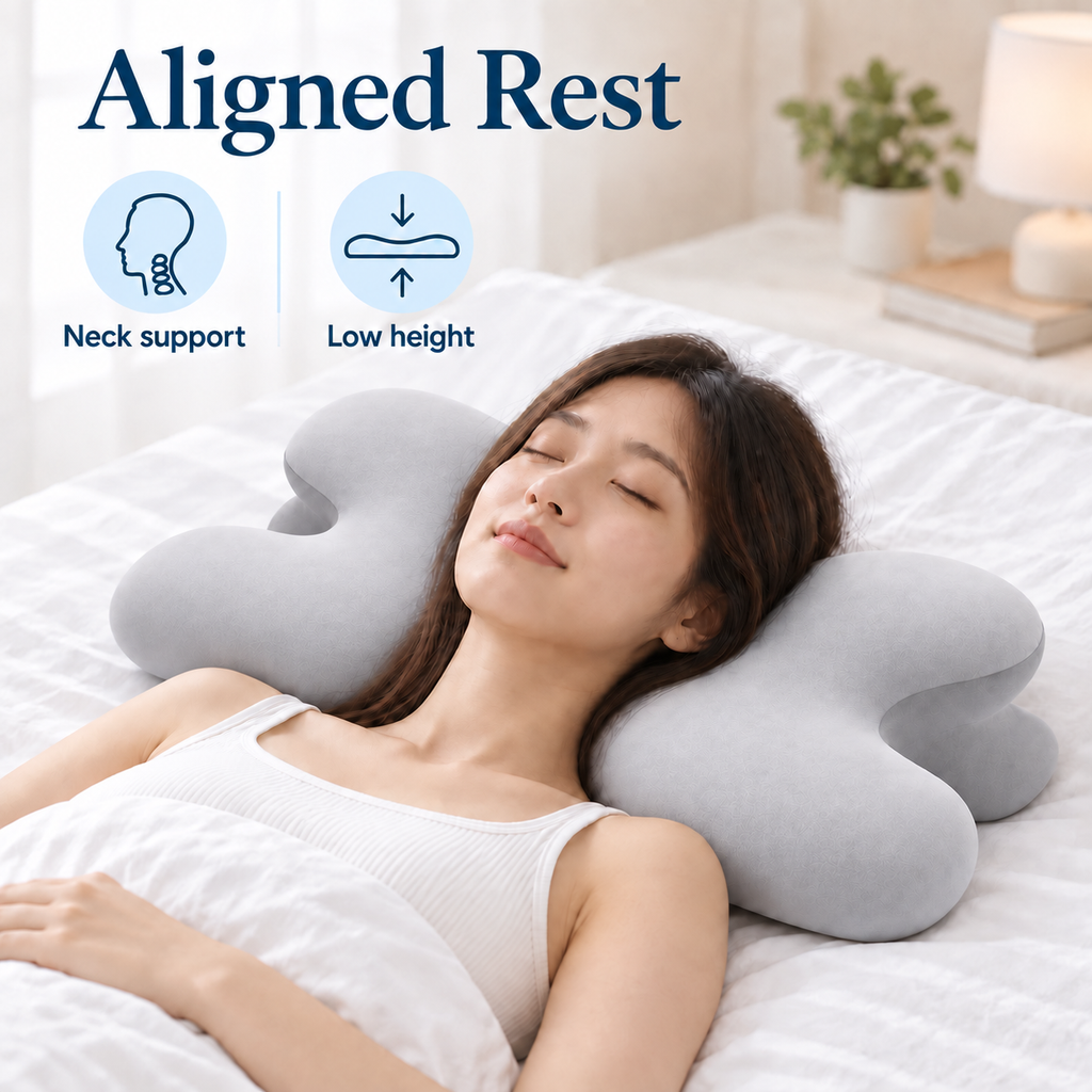 Woman resting on gray horn shaped memory foam neck pillow with corrected mirrored left side