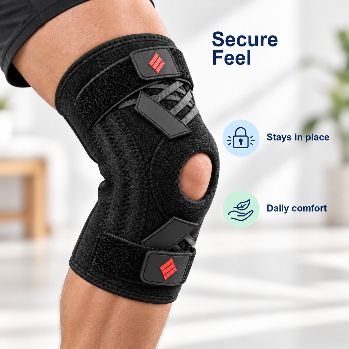 Knee Brace with Gel Pads and Side Stabilizers - premium secure feel visual