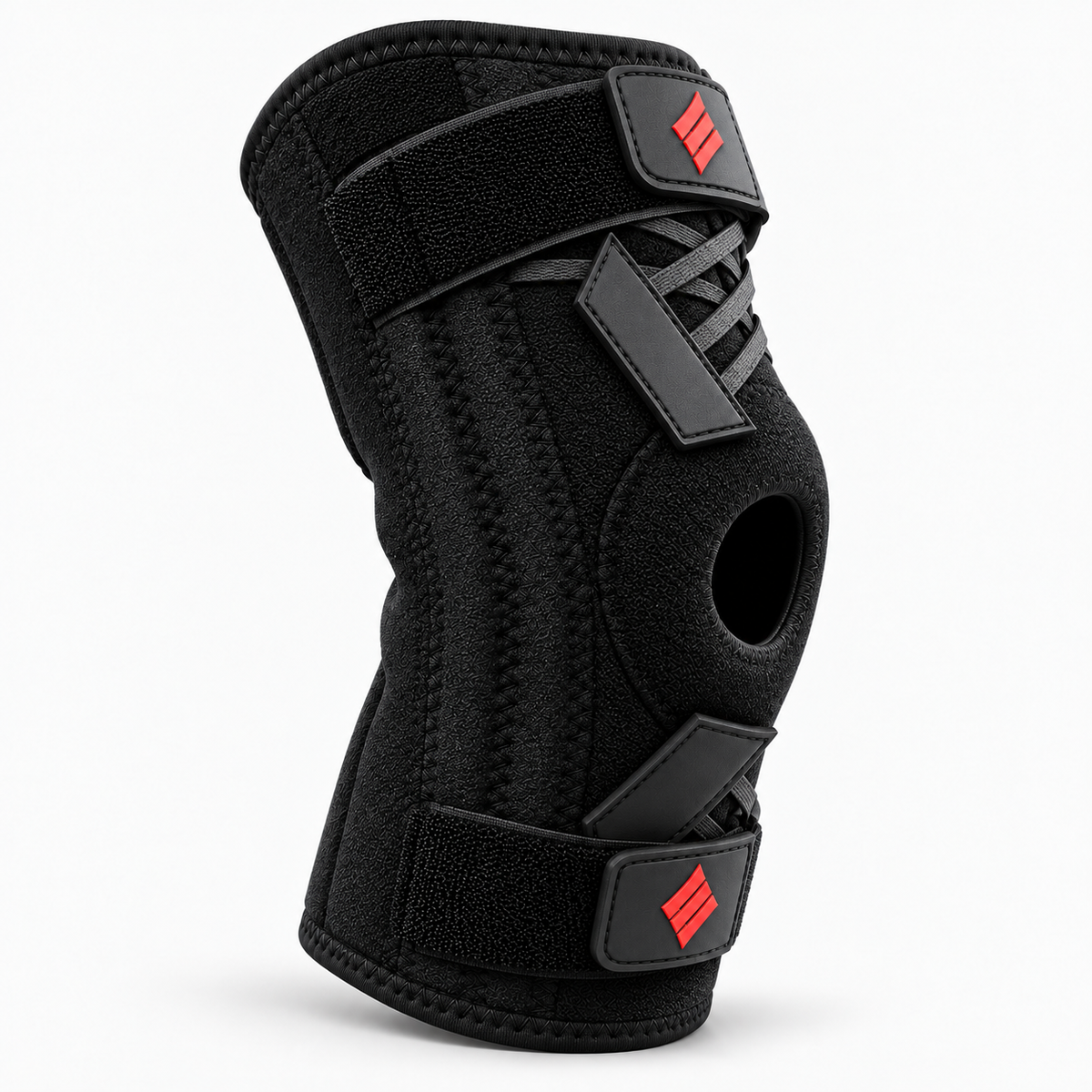 Black knee brace alternate angle showing straps laces and side stabilizer support