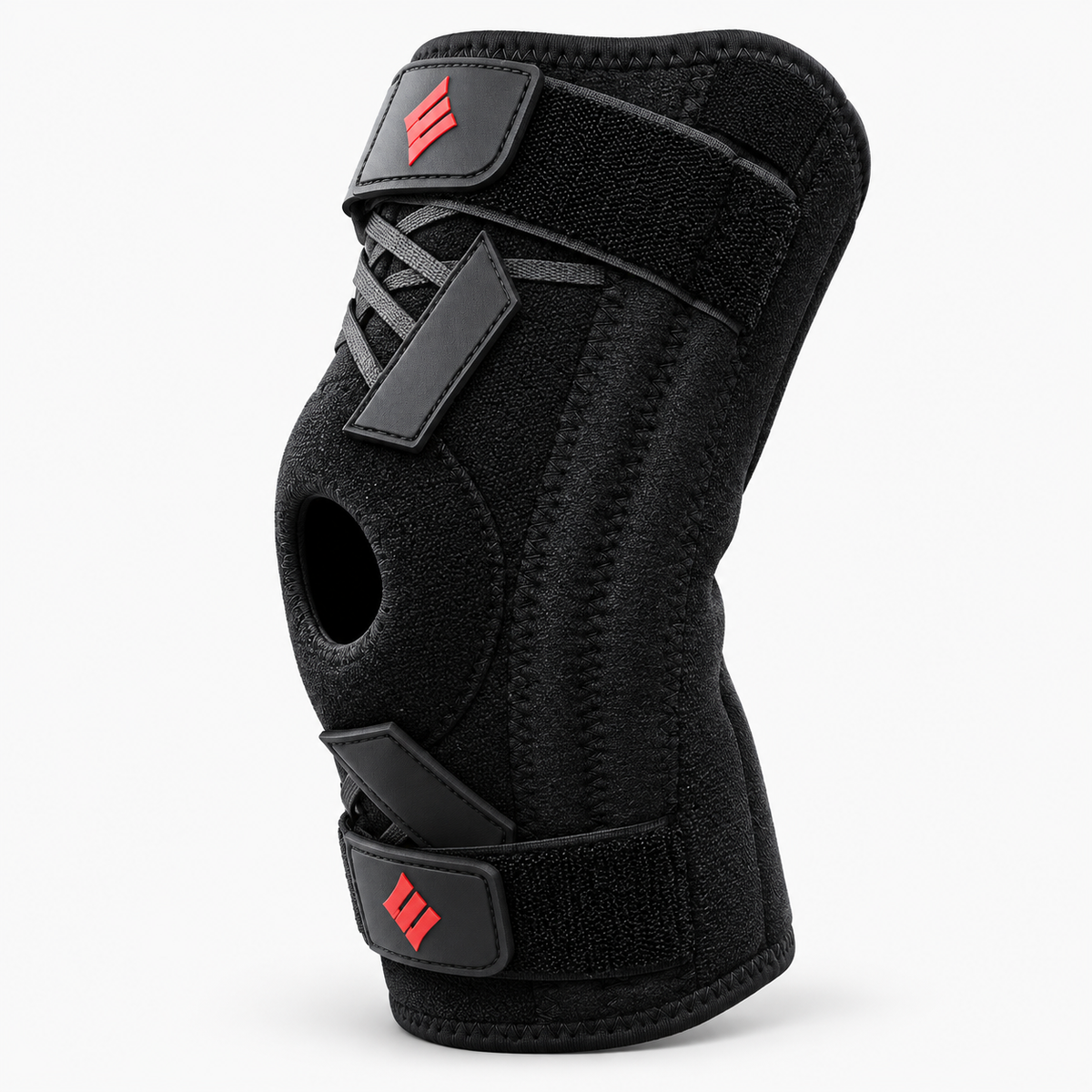 Black knee brace with gel pads side stabilizers straps and patella opening