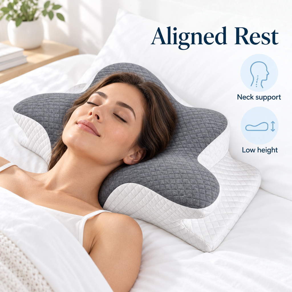Woman resting on high low cervical memory pillow with grey quilted butterfly support