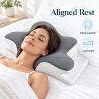 Woman resting on high low cervical memory pillow with grey quilted butterfly support