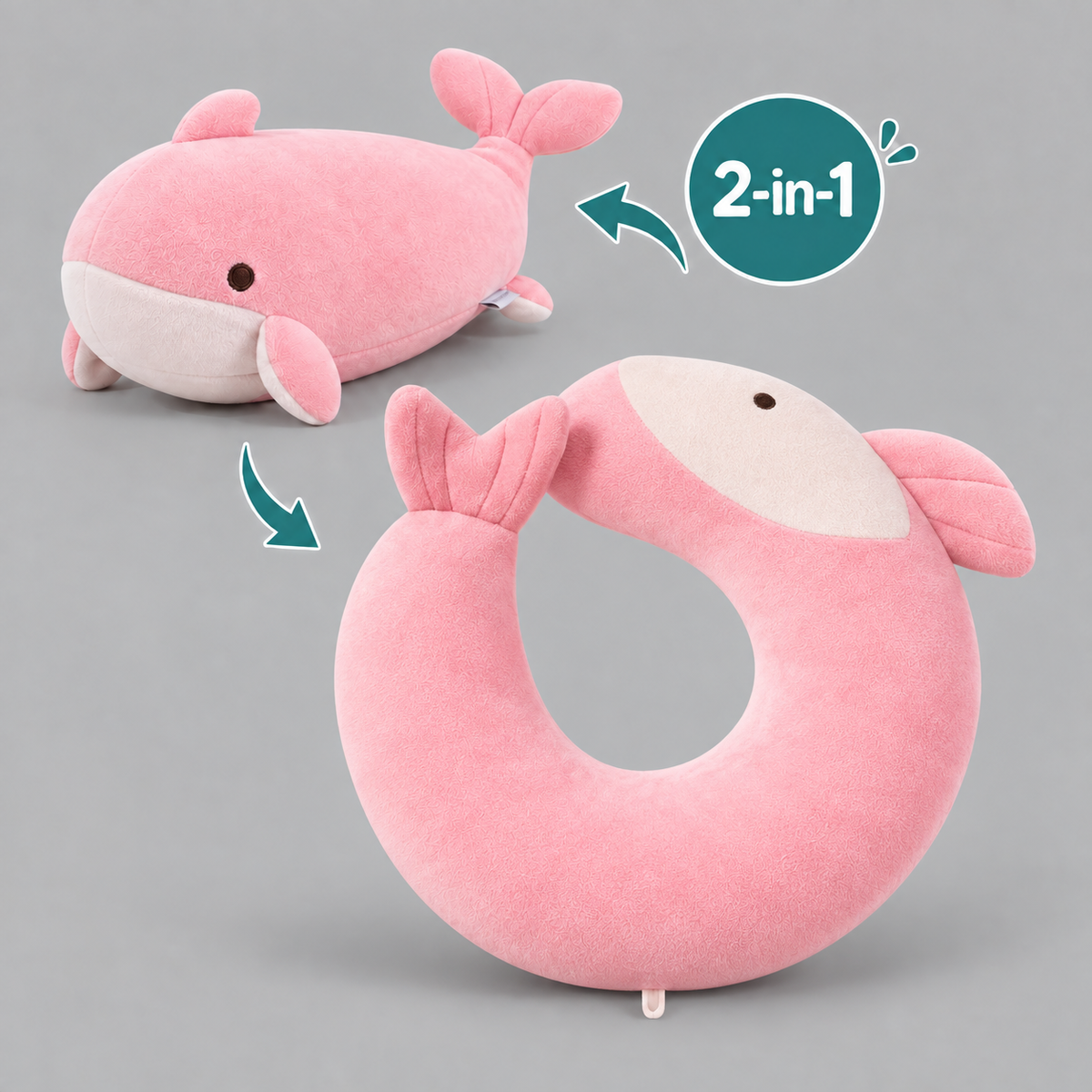 Plush U Shaped Travel Pillow for Head and Neck Support - Pink Whale L 2-in-1 product image