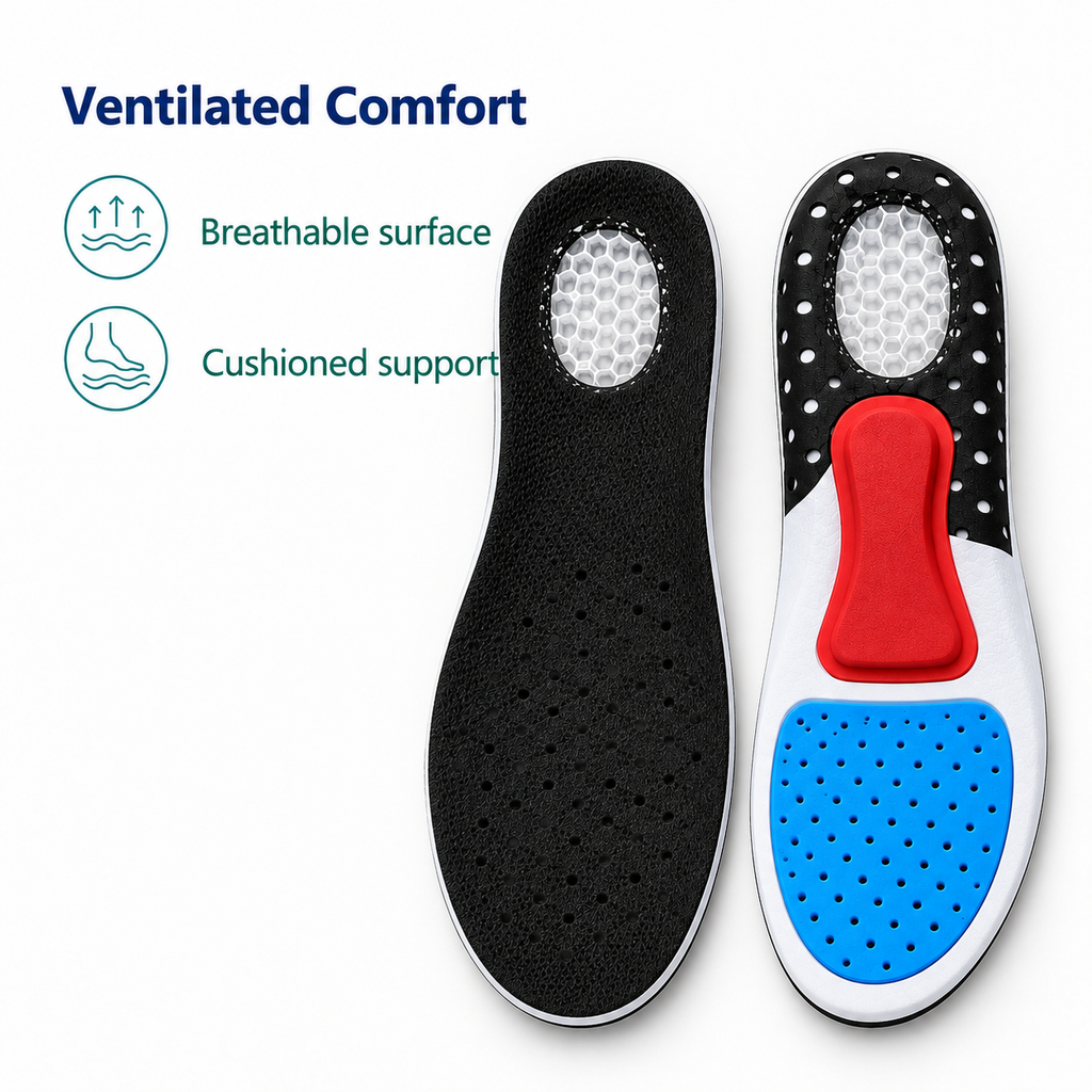 Plantar fasciitis insoles aligned parallel showing black top surface and colorful underside