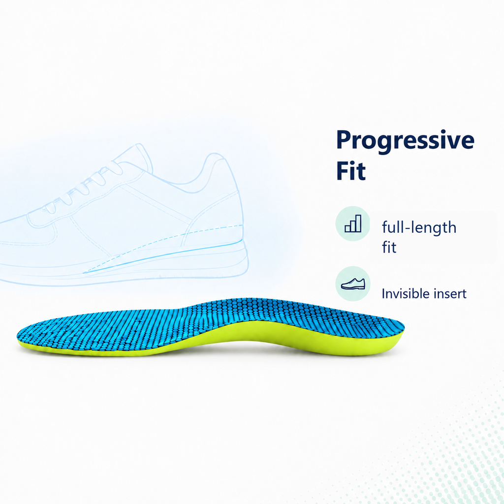 Shock absorbing orthotic insoles progressive fit with full-length fit and invisible insert