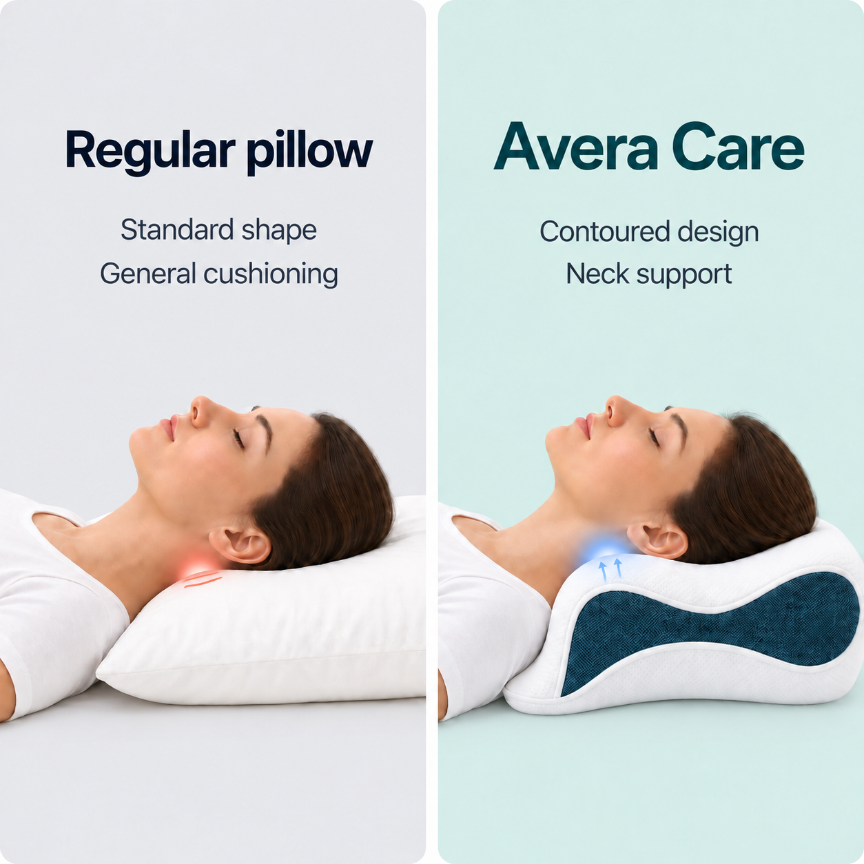 Regular pillow and Avera Care contoured cervical pillow comparison