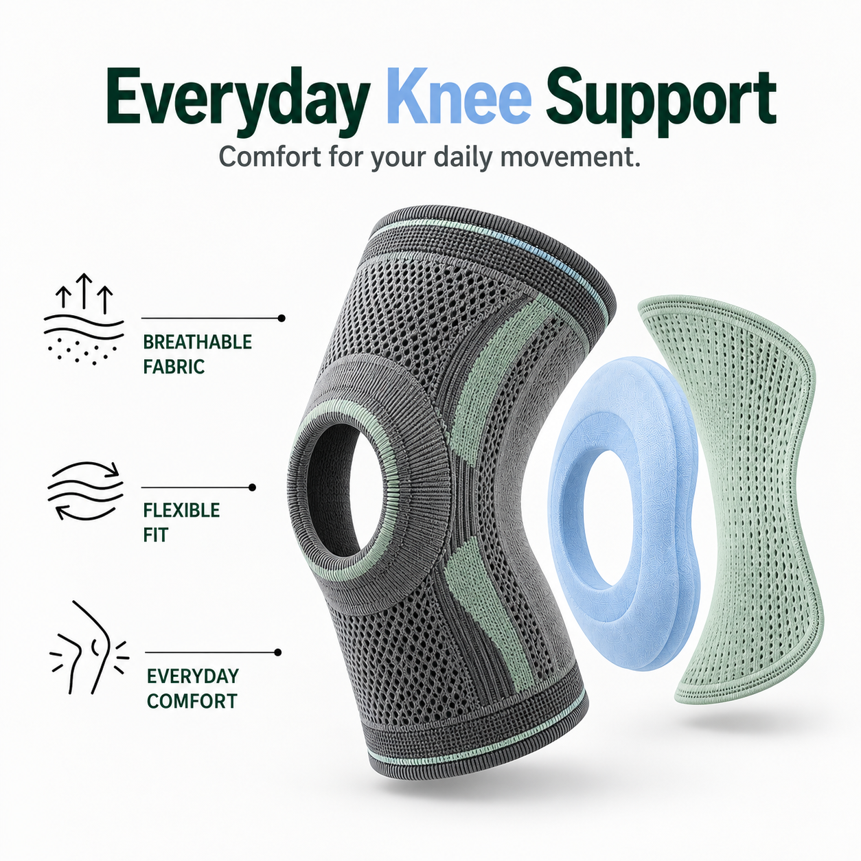 Everyday knee support: breathable fabric, flexible fit and everyday comfort